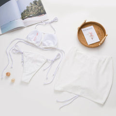 Drawstring solid halter self tie backless 3 piece swimwear