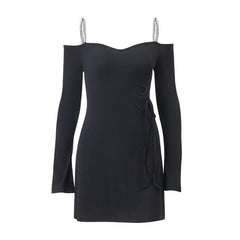 Long sleeve off shoulder textured hollow out cami mini dress - Final Sale