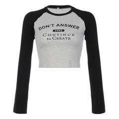 Contrast patchwork long sleeve letter print crewneck top - Final Sale