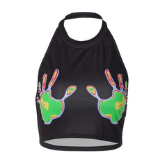 Sleeveless halter palm pattern backless crop top