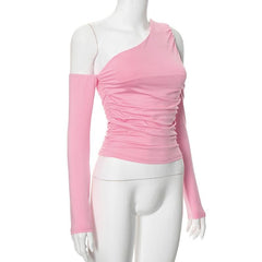 Long sleeve one shoulder irregular ruched solid top