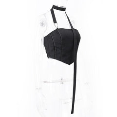 Smocked stitch halter buckle backless crop top