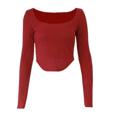 Long sleeve textured solid square neck crop top