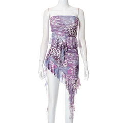 Pleated ruffle irregular contrast print tube skirt set