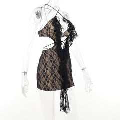 Cross front backless hollow out lace hem contrast mini dress