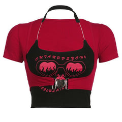 Buckle abstract contrast halter short sleeve 2 piece crop top