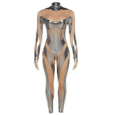 Metallic zip-up long sleeve gloves mesh patchwork high neck jumpsuit
