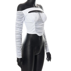 Off shoulder ruched hollow out solid mesh long sleeve crop top