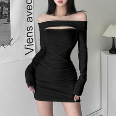 Lace up solid hollow out off shoulder long sleeve mini dress