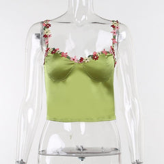Sweetheart neck flower embroidery zip-up satin cami crop top