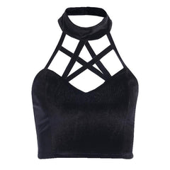 Velvet buttoned back cross front halter crop top
