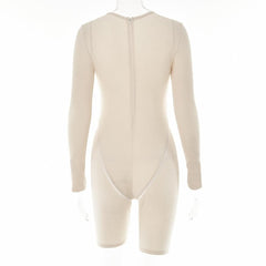 V neck solid zip-up long sleeve low cut romper