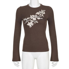 Flower print crewneck long sleeve contrast top