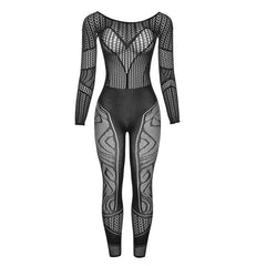 Long sleeve hollow out solid fishnet see through jumpsuit