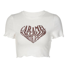 Contrast letter print ruffle crewneck crop top