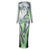 Long sleeve body print crewneck abstract contrast maxi dress