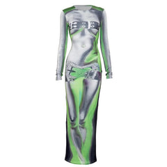 Long sleeve body print crewneck abstract contrast maxi dress