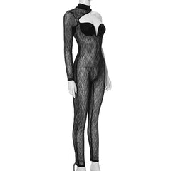Long sleeve one shoulder lace see through solid high neck zip-up jumpsuit
