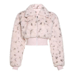 Fluffy contrast zip-up long sleeve turnover collar coat top