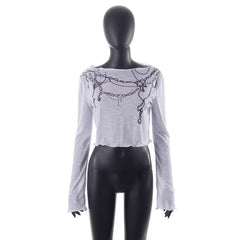 Long sleeve round neck ruffle contrast print see through crop top