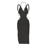 Knitted solid v neck sleeveless hollow out backless self tie midi dress