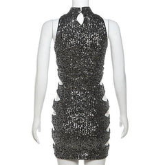 Glitter hollow out high neck button sleeveless mini dress