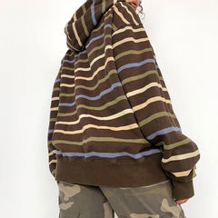 Long sleeve contrast striped zip-up hoodie coat top