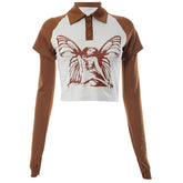 Turnover collar short sleeve button gloves contrast patchwork crop top