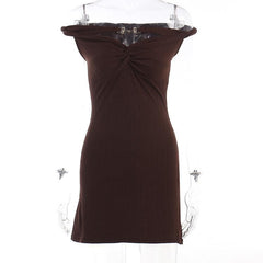 Textured off shoulder metal chain knotted mini dress