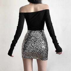 Glitter patchwork off shoulder gloves mini dress