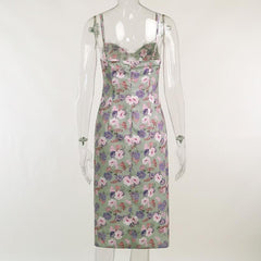 Sleeveless slit lace hem backless flower pattern print cami dress