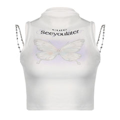 Metal chain high neck sleeveless butterfly pattern crop top - Final Sale