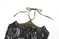Slit PU leather contrast patchwork halter backless mini dress
