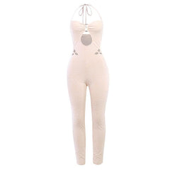Textured hollow out halter self tie solid jumpsuit