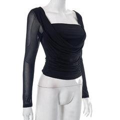 Ruched long sleeve mesh solid square neck top