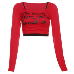 Letter print contrast long sleeve 2 piece crop top