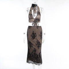 Halter self tie lace backless v neck midi skirt set