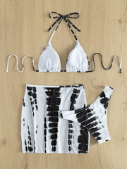 Tie dye contrast self tie halter backless mini skirt 3 piece swimwear