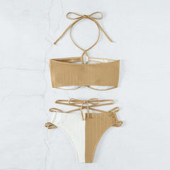 Halter contrast textured cross front self tie bikini swimwear