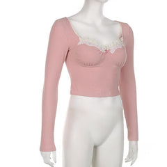 Ribbed lace hem long sleeve ruched contrast top