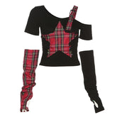 Patchwork irregular plaid contrast gloves off shoulder short sleeve top