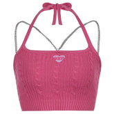 Metal cross strap knited halter crop top