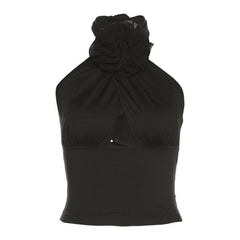Flower applique hollow out solid backless halter crop top