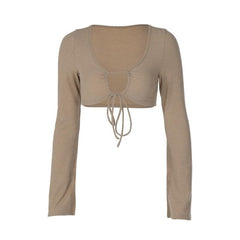 Ribbed drawstring self tie v neck flared long sleeve crop top