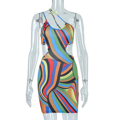 Contrast print irregular hollow out one shoulder mini dress