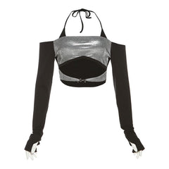 Textured contrast halter backless off shoulder long sleeve crop top