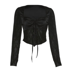 Mesh patchwork drawstring long sleeve crop top