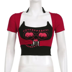 Buckle abstract contrast halter short sleeve 2 piece crop top