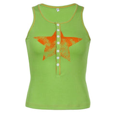 Contrast button star pattern sleeveless round neck ribbed stitch top - Final Sale