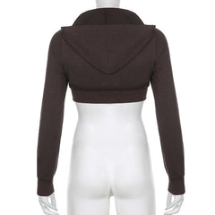 Long sleeve contrast embroidery zip-up hoodie self tie crop top